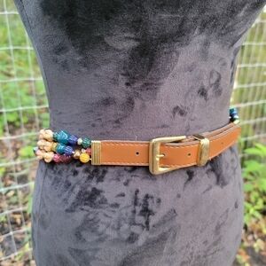 Womens Beaded Belt with Brown Leather Gold 30"- 34" Waist